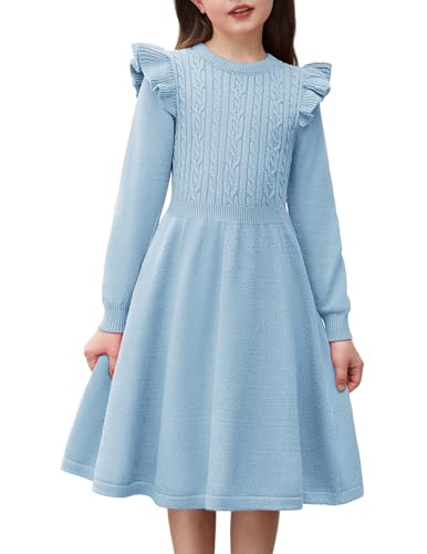 Arshiner Strickkleid Mädchen Flatter langärmel Pullover Kleid Herbst Winter Kleid Kinder Festliches Kleid Blau 6 von Arshiner