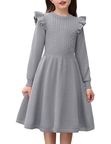 Arshiner Strickkleid Mädchen Flatter langärmel Pullover Kleid Herbst Winter Kleid Kinder Festliches Kleid Hellgrau 6/5-6 Jahre von Arshiner
