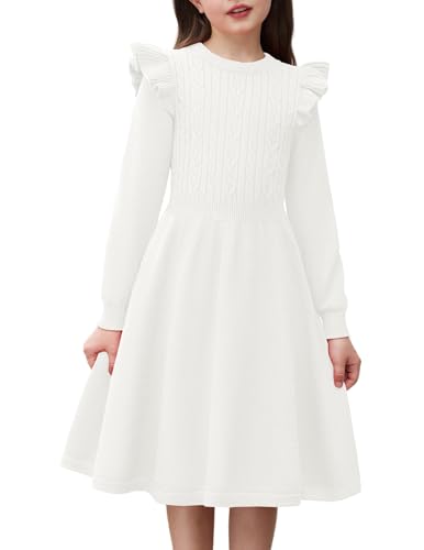 Arshiner Strickkleid Mädchen Flatter langärmel Pullover Kleid Herbst Winter Langarmkleid Kinder Festliches Kleid Weiß 8/7-8 Jahre von Arshiner
