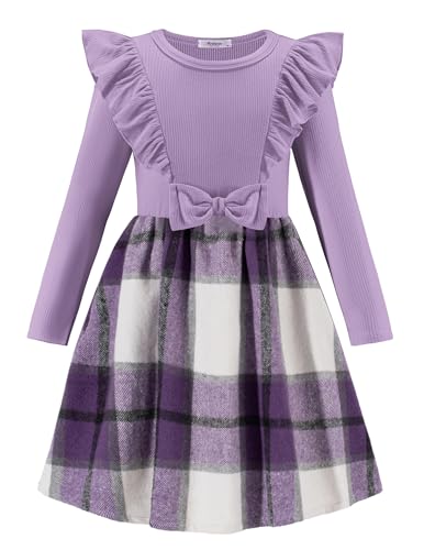 Arshiner Strickkleid Mädchen Langarmkleid Herbst Winter Kleid Kariertes Kinder Partykleid Lila A-Linie Rüschenkleid Einschulungkleid Kleinkind Geburtstagskleid 1-2 Jahre von Arshiner