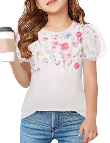 Arshiner T-Shirt Mädchen Blume Puff Ärmel Tshirt Kinder Sommer Bluse Mode Tshirt Rundhals Oberteile Kinderkleidung 140/9-10 Jahre von Arshiner