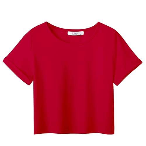 Arshiner T-Shirt Mädchen Kurz Rot Kinder Sommer Top Rundhals Kurzarm Shirt Sport Casual Tshirts für Mädchen 5-6 Jahre von Arshiner