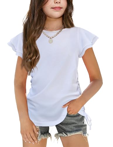 Arshiner T-Shirt Mädchen Weiß Sommer Kurze Ärmel Tops Kinder Hochzeit Oberteil Kinderkleidung mit Kordelzug 7-8 Jahre von Arshiner