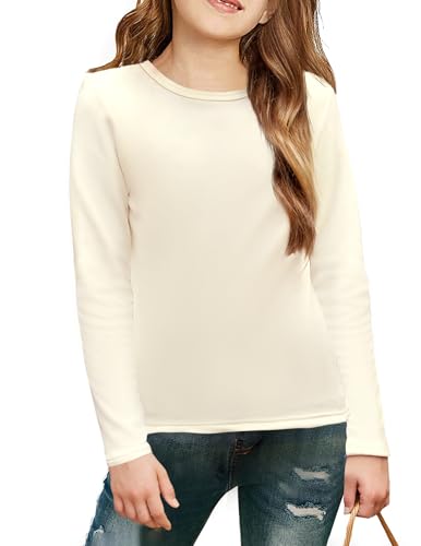 Arshiner T-Shirts für Mädchen Beige Langarmshirt Einfarbig Innenfleece Unterhemden Mode Bluse Basic Oberteile Kinder Slim Fit Top Rundhals Thermo Sweatshirt Halloween Kinderkleidung 5-6 Jahre von Arshiner