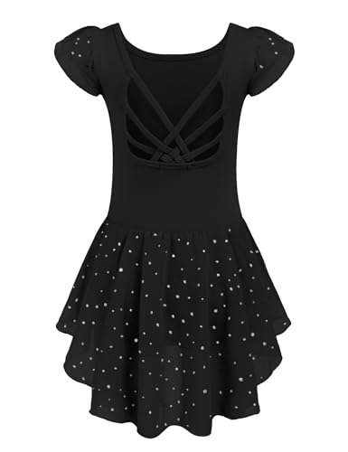 Arshiner Tanzkleid Mädchen Kurzarm Ballettkleid Rundhals Ballettkleidung Baumwolle Ballettanzug Schwarz Halloween Ballerina Kostüm Tanztrikot mit Chiffon Rock Tütü 130/3-4 Jahre von Arshiner