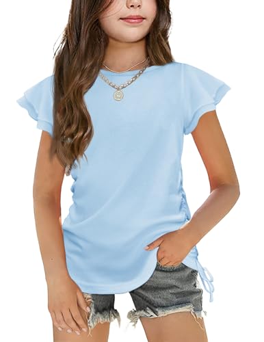 Arshiner Tshirt Mädchen Blau Rüschenärmel Oberteil Sommer Rundhals Top Kinder Basic Kurzarmshirt mit Kordelzug 7-8 Jahre von Arshiner
