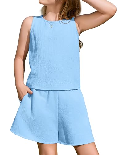 Arshiner Zweiteiler Mädchen Bekleidungssets Outfit Kinder Sommer Kleidungs set Lässige Mode Einfarbig Tanktop und Shorts Sets 2-teiliges Kleidungsset Outfits für Mädchen Blau 150 11-12 Jahre von Arshiner