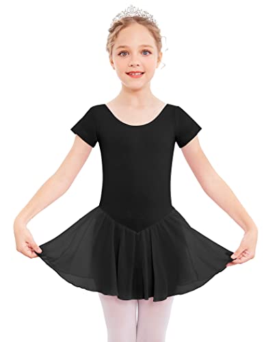 Arshiner Ballettkleidung Ballettkleid Mädchen Kurzarm Baumwolle Balletttrikot Ballettanzug Tanzkleid Tanzbody mit Rock Tütü,Schwarz,4-5Jahre von Arshiner