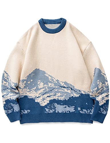Arssm Herren Kuh Pullover Strick Oversized Casual Strick Pullover Opa Graphic Crewneck Jumper Sweater, Blau, Mittel von Arssm