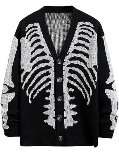Arssm Herren Skelett Cardigan Pullover Oversized Herbst Grafik Langarm Strick Y2K Button Down V-Ausschnitt Pullover Outwear, Schwarz, L von Arssm