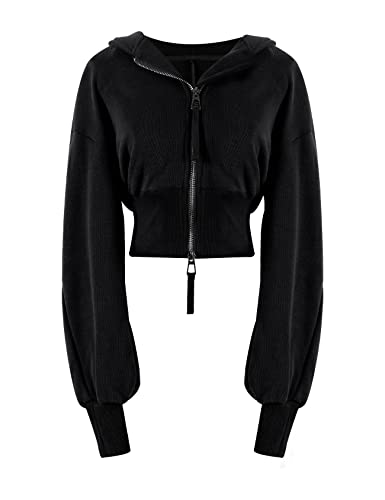 Arssm Cropped-Kapuzenpullover für Damen, Reißverschluss, langärmelig, Sweatshirt, lässig, modisch, mit Kapuze, Workout-Jacke, bauchfreies Top, Schwarz, XS von Arssm