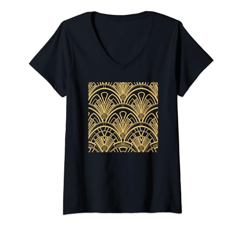 Damen Schwarz-goldfarbenes Muster, Art-Deco T-Shirt mit V-Ausschnitt Damen Schwarz-goldfarbenes Muster, Art-Deco T-Shirt mit V-Ausschnitt von Art Deco Apparel & Furnishings