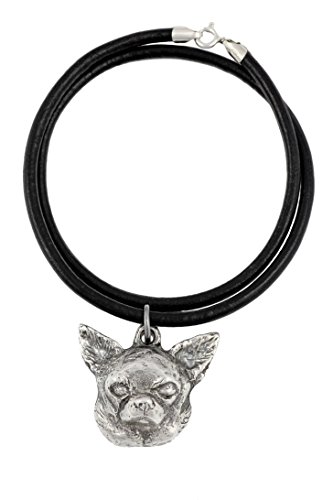 Art-Dog Hundekopf-Halskette auf Lederband - ArtDog Kollektion Hunde Halskette - Silberne Ketten mit Hundebildern - Schmuck mit Hunderassen - Chihuahua Smooth Haired - (Kurzhaar) von Art-Dog