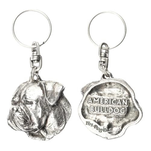 Art-Dog Niedlicher Hundeschlüsselanhänger - American Bulldog - Amerikanischer Bulldogge - Amerikanischer Bulldogge Schlüsselanhänger Hund - Versilberte Keyring mit 2,5 Schloss - 4,4x4,3x8,9cm von Art-Dog
