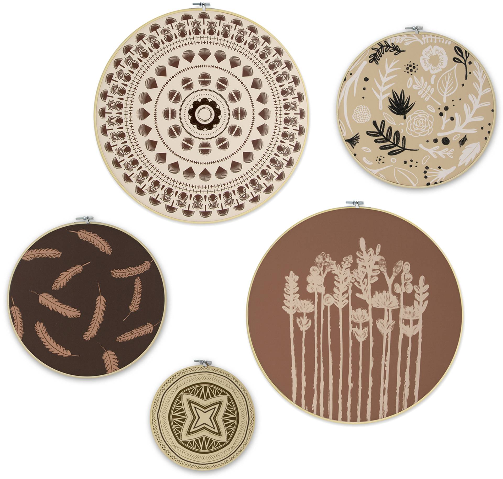 Art for the home Mehrteilige Bilder "Art for the Home Ibiza Vibes Wanddeko Set of 5" Federn  Zen Set, 5 Stk. tlg. Bild Ibiza-Vibes Kreise mit gestickter Dekoration Leicht Boho 40x40 cm von Art For The Home