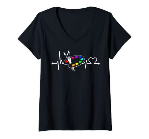 Damen Pinsel Mit Palette Herzschlag Hemd lustig Künstler Geschenk T-Shirt mit V-Ausschnitt von Art Loves Gift