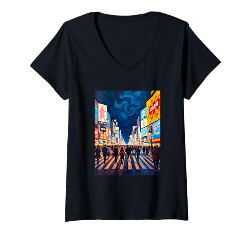 Damen Swirl Art bei Nachtüberquerung in Tokio T-Shirt mit V-Ausschnitt von Art Pulse Tokyo Nights