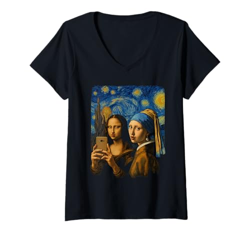 Damen Lustige Mona Lisa Selfie Art Meme Classic Parodie T-Shirt mit V-Ausschnitt von Art Selfie