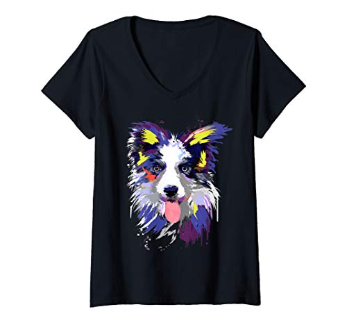 Damen Künstlerische Border Collie Geschenk für Hundebesitzer T-Shirt mit V-Ausschnitt von Art Splash designs Gift For Dog Lovers