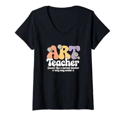 Damen Retro-Kunstlehrer, Malen, Zeichnen, Groovy Arts School T-Shirt mit V-Ausschnitt von Art Teacher Apparel for Women & Men