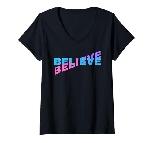 Damen Believe Motivational Retro Typografie Positiv Einzigartiges Design T-Shirt mit V-Ausschnitt von Art-Wear