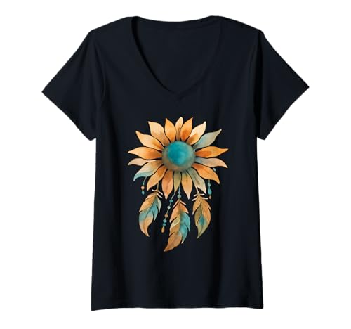 Damen Boho Sonnenblume Traumfänger Aquarell in Türkis-Tönen T-Shirt mit V-Ausschnitt von Art-Wear