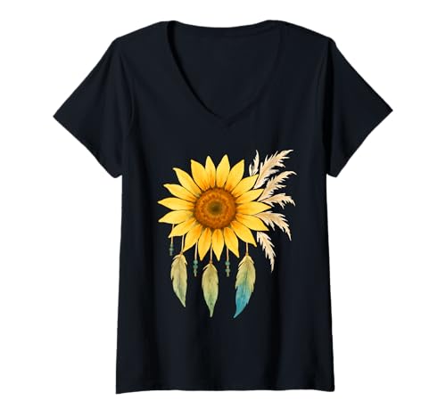 Damen Boho Sonnenblume Traumfänger Erdtöne Herbst Bekleidung T-Shirt mit V-Ausschnitt von Art-Wear