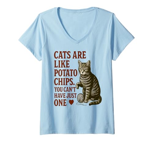 Damen Cats Are Like Potato Chips Lustiges Katzenliebhaber-Design T-Shirt mit V-Ausschnitt von Art-Wear