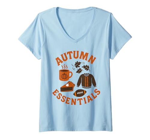 Damen Cozy Autumn Essentials Pumpkin Pie Latte Pullover Design T-Shirt mit V-Ausschnitt von Art-Wear