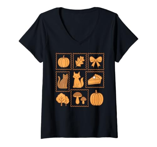 Damen Cozy Autumn Essentials Pumpkin Pie Leaf Fox Pilz Design T-Shirt mit V-Ausschnitt von Art-Wear