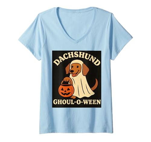 Damen Dackel Halloween Geist Kostüm Hund Ghoul-O-Ween T-Shirt mit V-Ausschnitt von Art-Wear