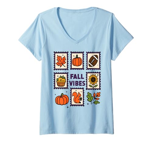 Damen Fall Vibes Briefmarken Eichhörnchen Herbstblätter T-Shirt mit V-Ausschnitt von Art-Wear