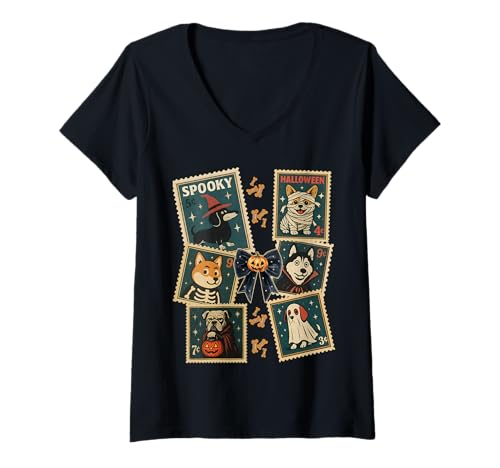 Damen Gruseliger Hund Halloween Vintage Stempel Kostüm Design Bekleidung T-Shirt mit V-Ausschnitt von Art-Wear