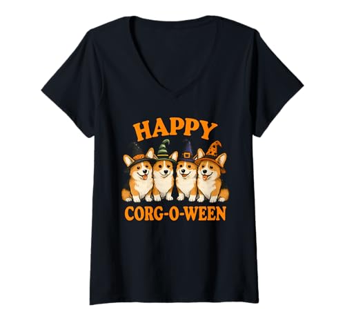 Damen Happy Corgi Halloween-Kleidung für Hundeliebhaber T-Shirt mit V-Ausschnitt von Art-Wear