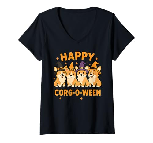 Damen Happy Corgi Halloween-Kleidung für Hundeliebhaber T-Shirt mit V-Ausschnitt von Art-Wear