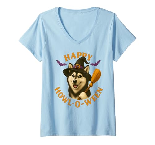 Damen Happy Howl-O-Ween Husky Hund Hexe Halloween Hut und Besen T-Shirt mit V-Ausschnitt von Art-Wear