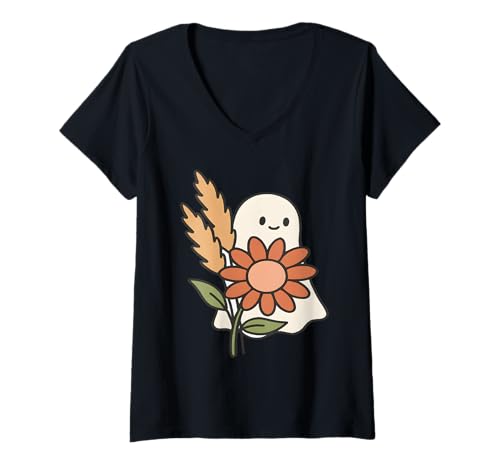 Damen Kawaii Geist mit Sonnenblume und Pampasgras Herbstmotiv T-Shirt mit V-Ausschnitt von Art-Wear