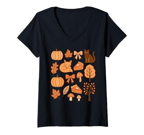 Damen Kuscheliges Herbstmotiv mit Fuchskürbiskuchen-Katze und Herbstlaub T-Shirt mit V-Ausschnitt von Art-Wear
