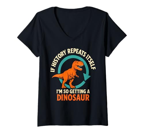 Damen Lustiges Dinosaurier-Geschichtswiederholungs-Humor-Grafikdesign T-Shirt mit V-Ausschnitt von Art-Wear