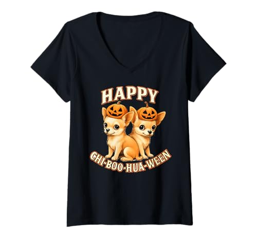 Damen Niedlicher Halloween-Chihuahua-Kürbis-Spaß für Hundeliebhaber Bekleidung T-Shirt mit V-Ausschnitt von Art-Wear