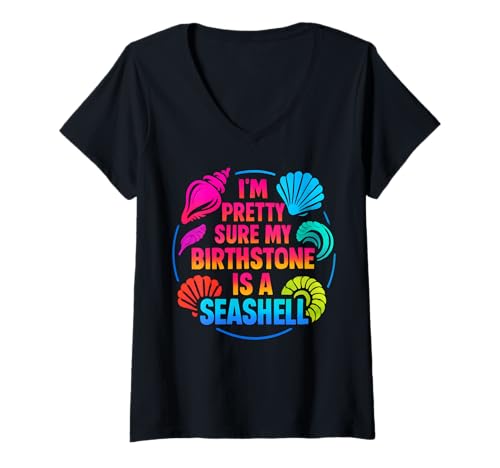 Damen Retro Colors Zitat: Birthstone is a Seashell Beach Lovers T-Shirt mit V-Ausschnitt von Art-Wear
