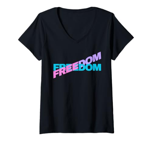 Damen Retro Freedom Typografie Design Patriotische Aussage T-Shirt mit V-Ausschnitt von Art-Wear