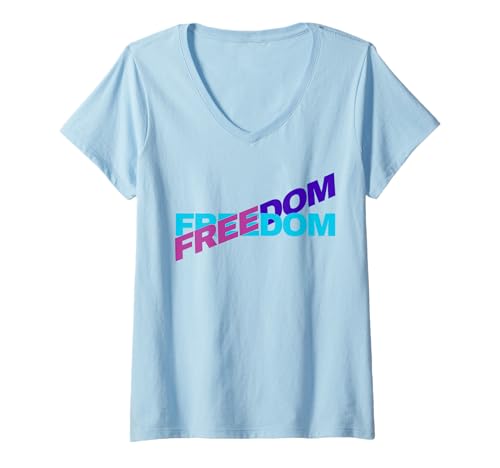 Damen Retro Freedom Typografie Design Patriotische Aussage T-Shirt mit V-Ausschnitt von Art-Wear