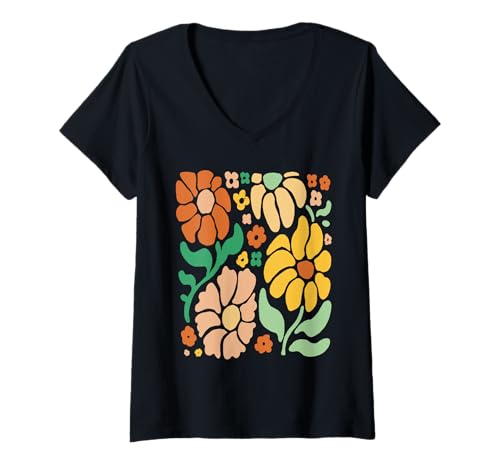 Damen Retro-Hemd mit Boho-Blumenmuster, Vintage-Stil, groovige Blumen, ästhetisch T-Shirt mit V-Ausschnitt von Art-Wear