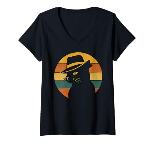 Damen Retro Katze in Fedora Hut Vintage Stil Grafik Herren Damen Kinder T-Shirt mit V-Ausschnitt Damen Retro Katze in Fedora Hut Vintage Stil Grafik Herren Damen Kinder T-Shirt mit V-Ausschnitt von Art-Wear
