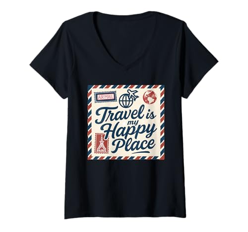 Damen Retro Travel Airmail Design Wanderlust Lovers Weiß Rot Blau T-Shirt mit V-Ausschnitt von Art-Wear