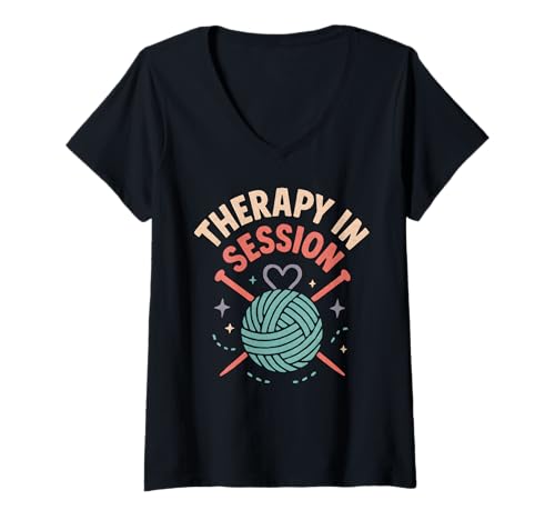 Damen Therapie in Session: Garn Stricken & Crafting Lover Design T-Shirt mit V-Ausschnitt von Art-Wear