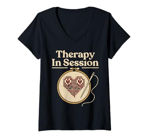Damen Therapie in Sitzung: Stickerei & Kreuzstich Basteln Liebe T-Shirt mit V-Ausschnitt von Art-Wear