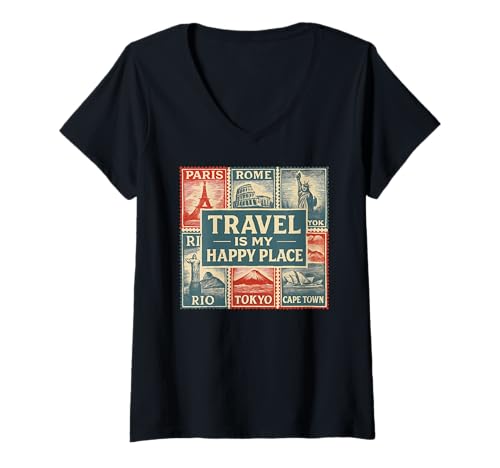 Damen Vintage-Reisebriefmarken Erkunden Sie die Reiseziele der Welt Bekleidung T-Shirt mit V-Ausschnitt von Art-Wear