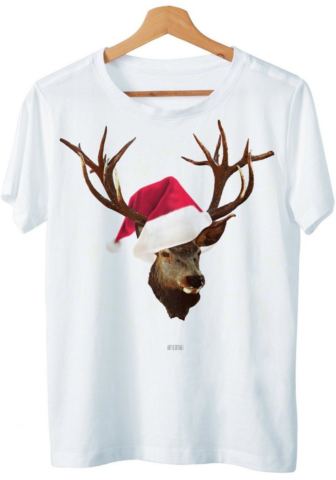 Art & Detail Shirt T-Shirt Weihnachten Design Hirsch mit Weihnachtsmütze Christmas von Art & Detail Shirt